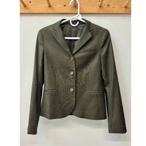 Theory Frampton Wool Slim Jacket Women Preppy Pinstriped Blazer Army Green